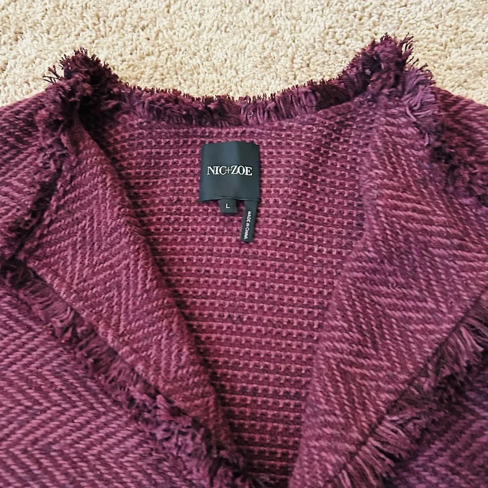 NWT NIC+ZOE Burgundy Frayed-Trim Tweed and Knit Mixed Blazer, Size Large - Picture 6 of 16